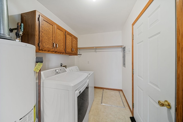 laundry room with baseboards, electric panel, cabinet space, gas water heater, and independent washer and dryer