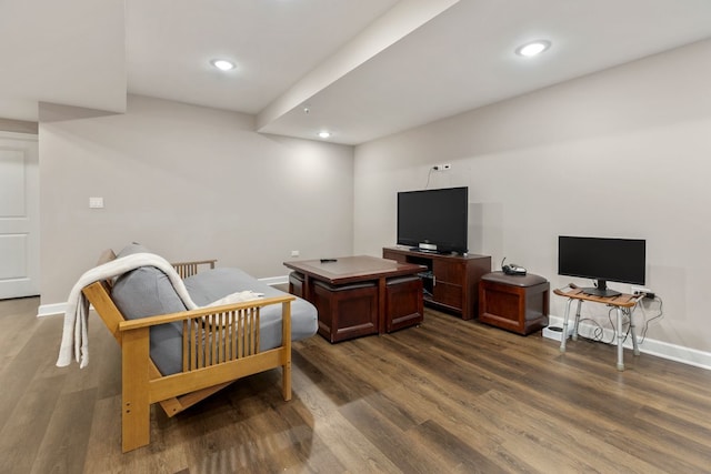 interior space with dark wood finished floors, recessed lighting, and baseboards