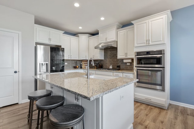 kitchen featuring under cabinet range hood, stainless steel appliances, light wood-type flooring, and a sink