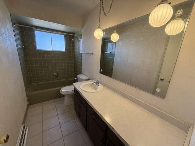 full bath with vanity, tile patterned floors, toilet, and bathing tub / shower combination