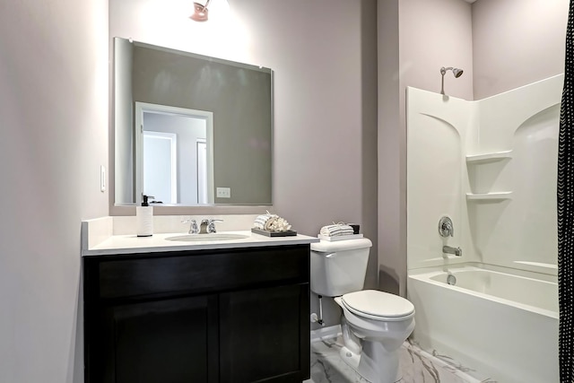 full bath with baseboards, toilet, vanity, marble finish floor, and shower / bathtub combination