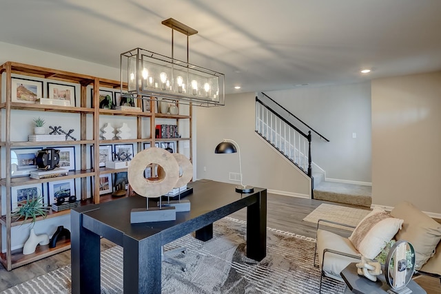 office with recessed lighting, wood finished floors, visible vents, and baseboards