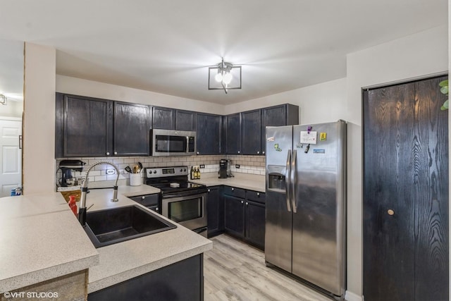 kitchen featuring a sink, backsplash, stainless steel appliances, light wood finished floors, and light countertops