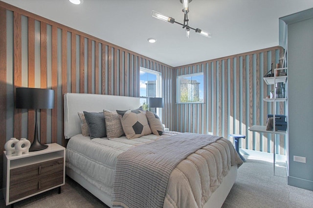 bedroom featuring wallpapered walls, carpet, and recessed lighting