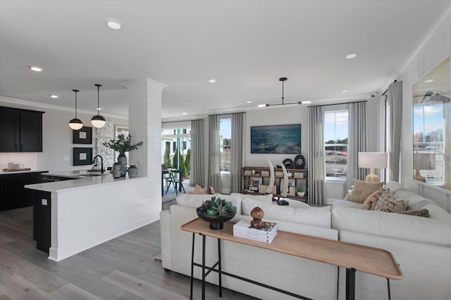 living area with ornamental molding, wood finished floors, decorative columns, and recessed lighting