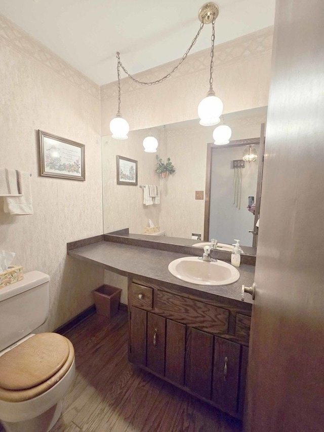 half bathroom featuring toilet, vanity, and wood finished floors