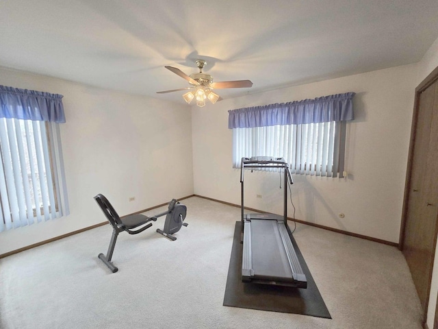 exercise room with carpet flooring, baseboards, and a wealth of natural light