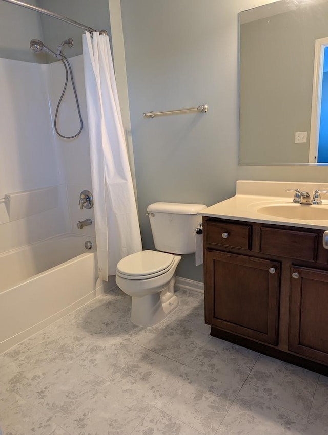 bathroom with toilet, shower / bath combination with curtain, and vanity