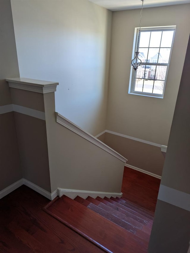 staircase featuring baseboards and wood finished floors