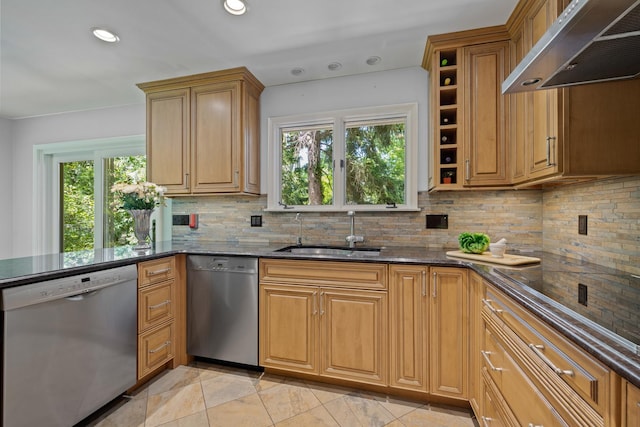 kitchen featuring under cabinet range hood, dishwasher, dark stone counters, and a sink