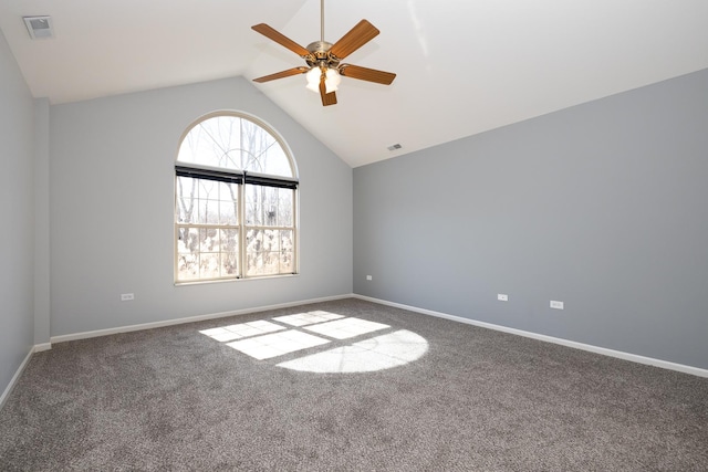 spare room with a ceiling fan, carpet flooring, baseboards, and visible vents