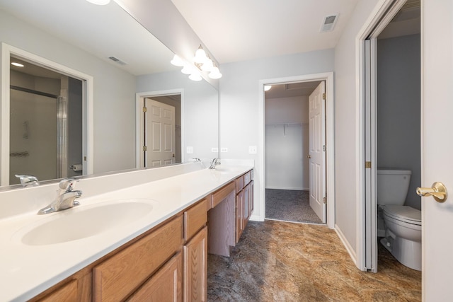 full bath with a stall shower, toilet, visible vents, and a sink