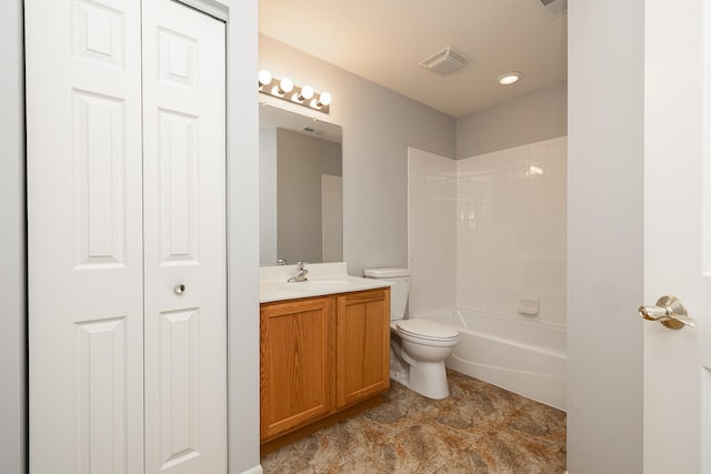 full bathroom featuring visible vents, toilet, bathing tub / shower combination, a closet, and vanity