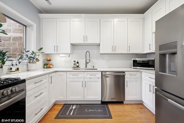 kitchen featuring a sink, appliances with stainless steel finishes, white cabinets, light wood finished floors, and decorative backsplash