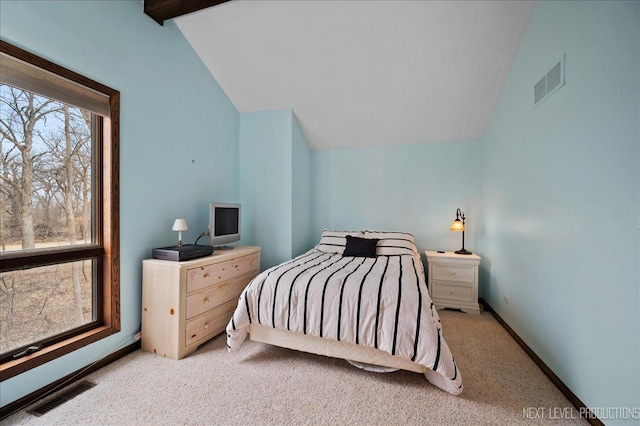 bedroom with vaulted ceiling with beams, carpet, visible vents, and baseboards