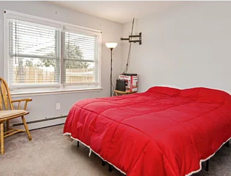 bedroom with carpet flooring and baseboard heating