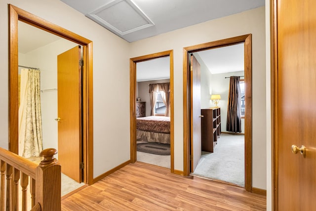 hall featuring attic access, baseboards, and light wood-type flooring