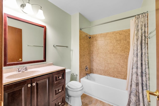 full bathroom with vanity, toilet, shower / bath combo, and tile patterned flooring