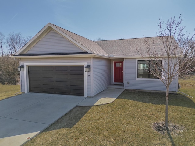 single story home featuring driveway, an attached garage, a front lawn, and a shingled roof