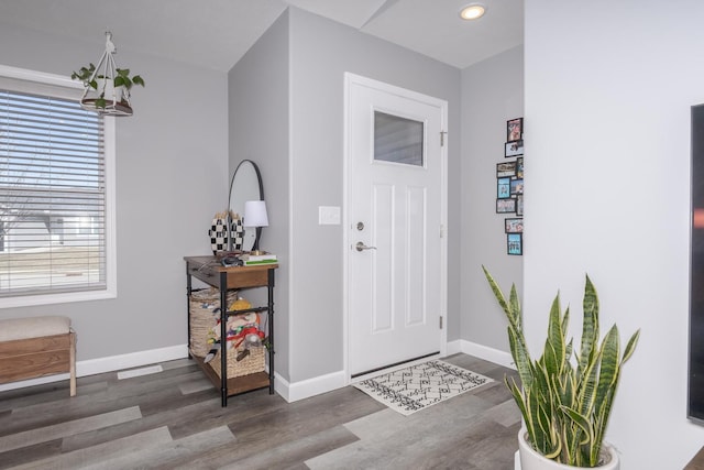 entrance foyer with baseboards and wood finished floors