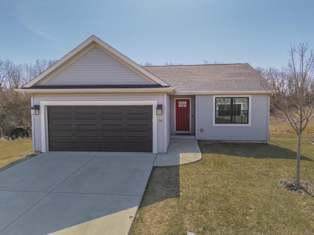 ranch-style house featuring driveway, an attached garage, a front lawn, and a shingled roof