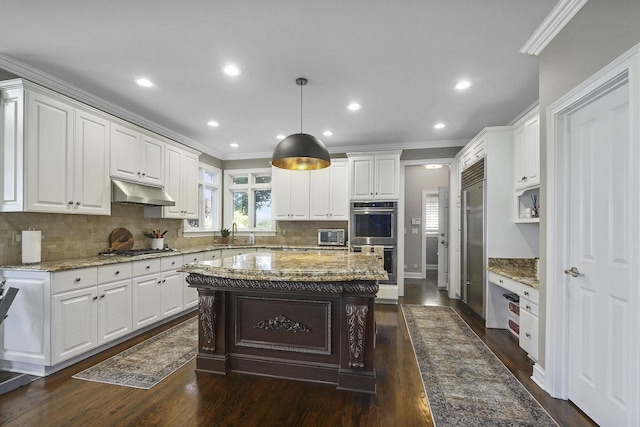 kitchen featuring under cabinet range hood, appliances with stainless steel finishes, white cabinetry, and crown molding