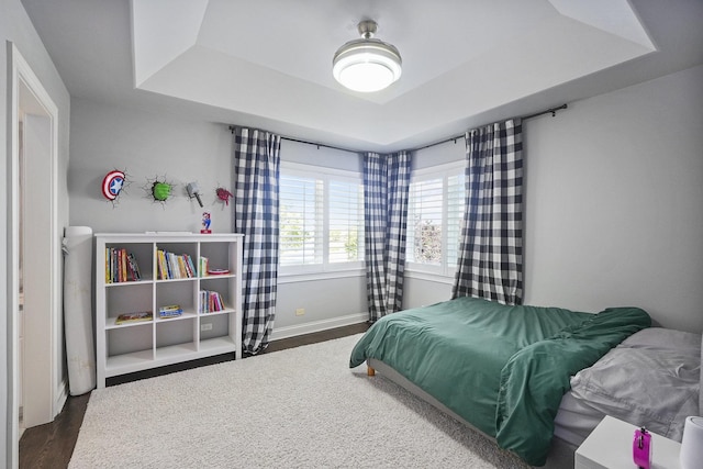 bedroom featuring a raised ceiling, wood finished floors, and baseboards