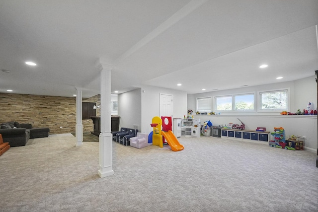 rec room featuring recessed lighting, decorative columns, and carpet floors