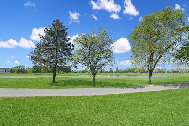 view of home's community with a lawn and a water view