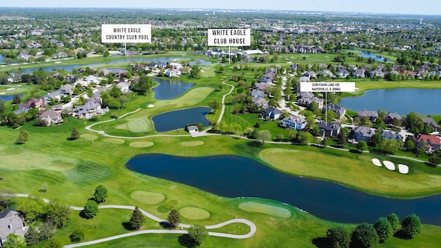 bird's eye view with a residential view, golf course view, and a water view