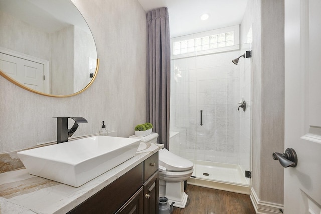 bathroom with vanity, toilet, wood finished floors, and a shower stall