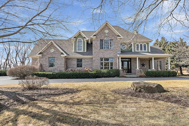 view of front of house with a front lawn and brick siding