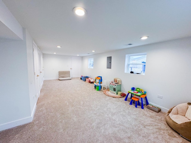 playroom featuring carpet, electric panel, baseboards, and recessed lighting