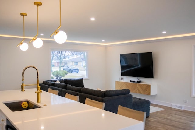 kitchen featuring wood finished floors, a sink, visible vents, open floor plan, and light countertops