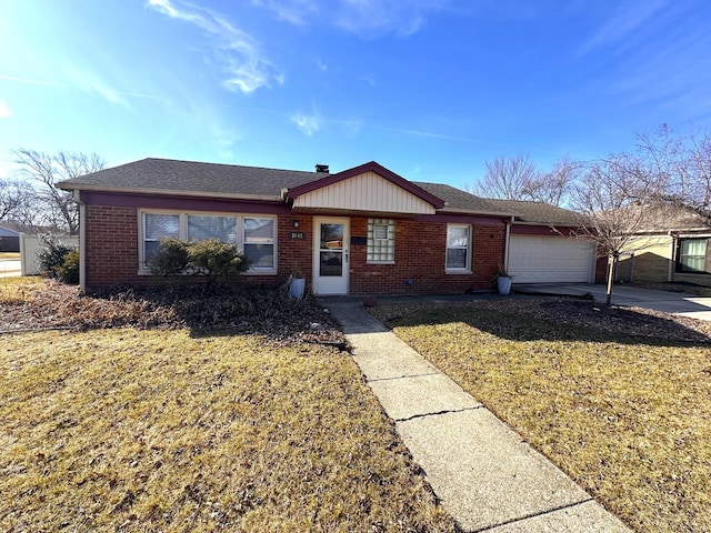 single story home featuring concrete driveway, roof with shingles, an attached garage, a front lawn, and brick siding