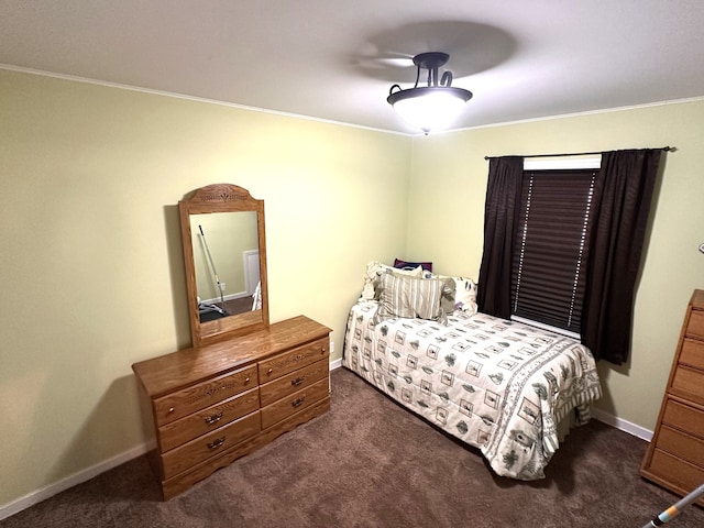 bedroom with carpet floors, ornamental molding, and baseboards