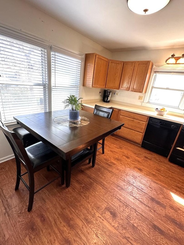 interior space featuring light countertops, dishwasher, and wood finished floors