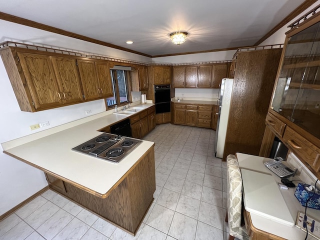 kitchen with stainless steel electric cooktop, freestanding refrigerator, a peninsula, crown molding, and dishwasher