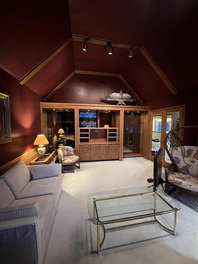 carpeted living room featuring rail lighting and lofted ceiling