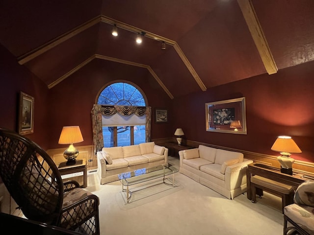 living area featuring a wainscoted wall, carpet, rail lighting, and vaulted ceiling