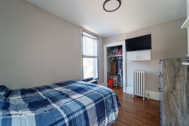 bedroom with dark wood-style floors, radiator, baseboards, and a closet