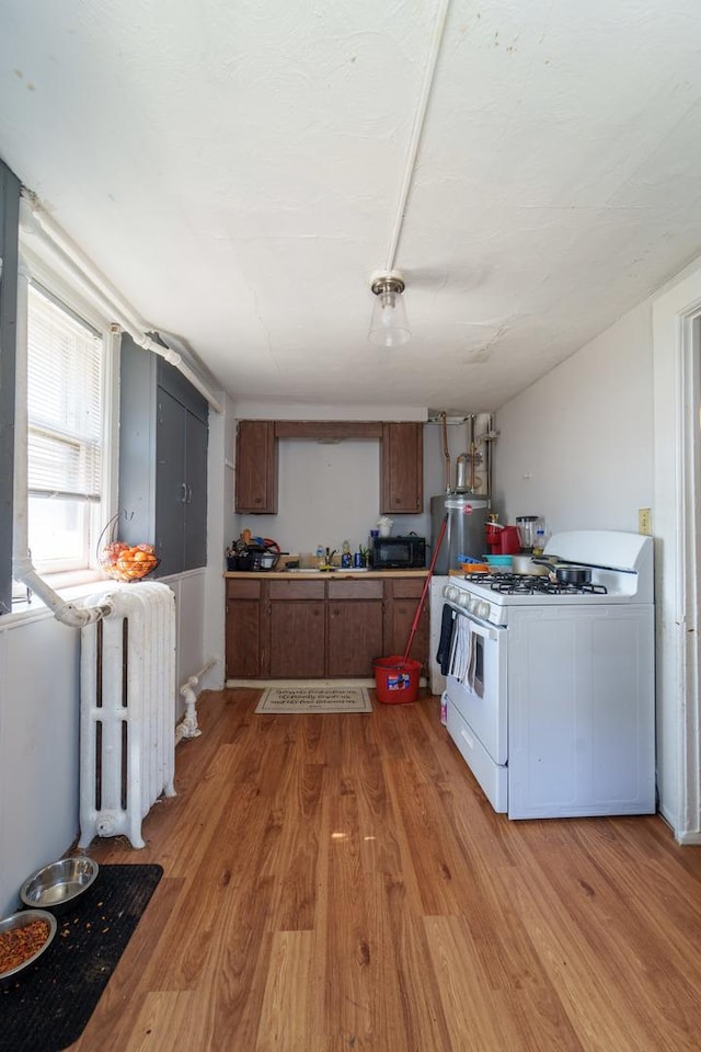 kitchen featuring white range with gas cooktop, light wood-style flooring, radiator heating unit, and brown cabinetry