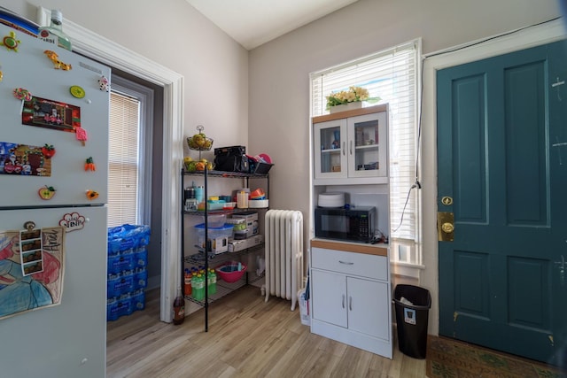 home office with light wood finished floors and radiator heating unit