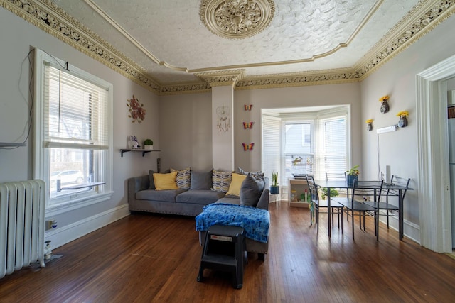 living area featuring ornamental molding, a textured ceiling, wood finished floors, radiator, and baseboards