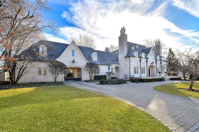 french country style house featuring stucco siding, curved driveway, a chimney, and a front yard