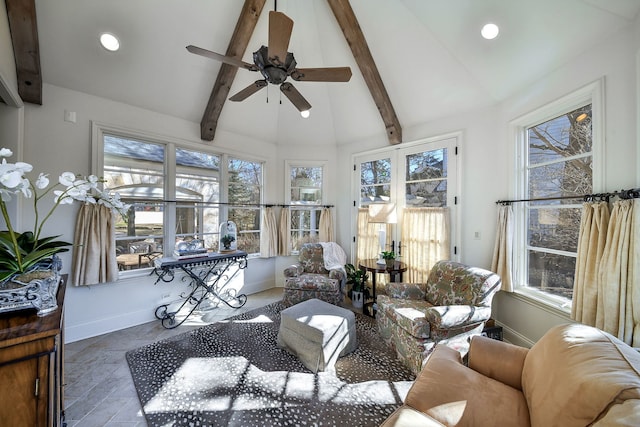 living area featuring recessed lighting, lofted ceiling with beams, baseboards, and ceiling fan