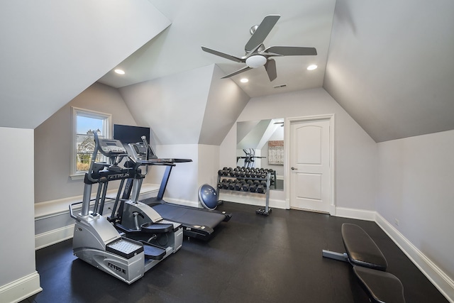 workout room with recessed lighting, visible vents, baseboards, and lofted ceiling