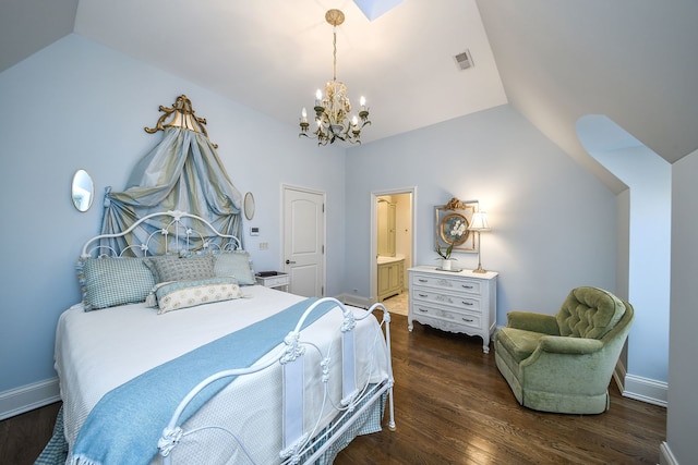 bedroom featuring visible vents, baseboards, lofted ceiling, and wood finished floors