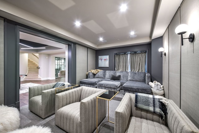 home theater room with recessed lighting