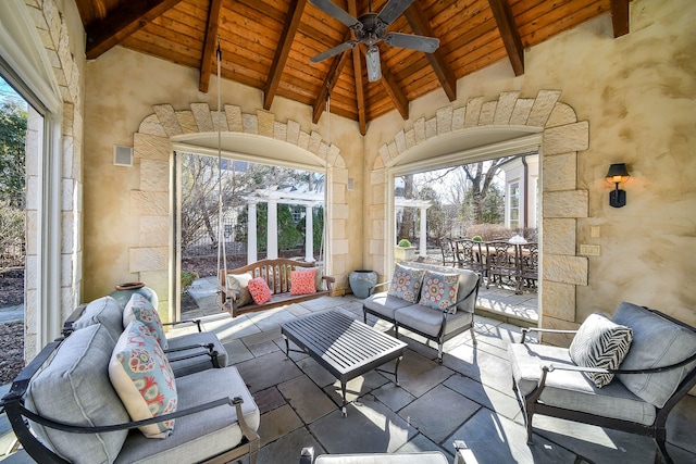 view of patio with outdoor dining space, a gazebo, a ceiling fan, and outdoor lounge area